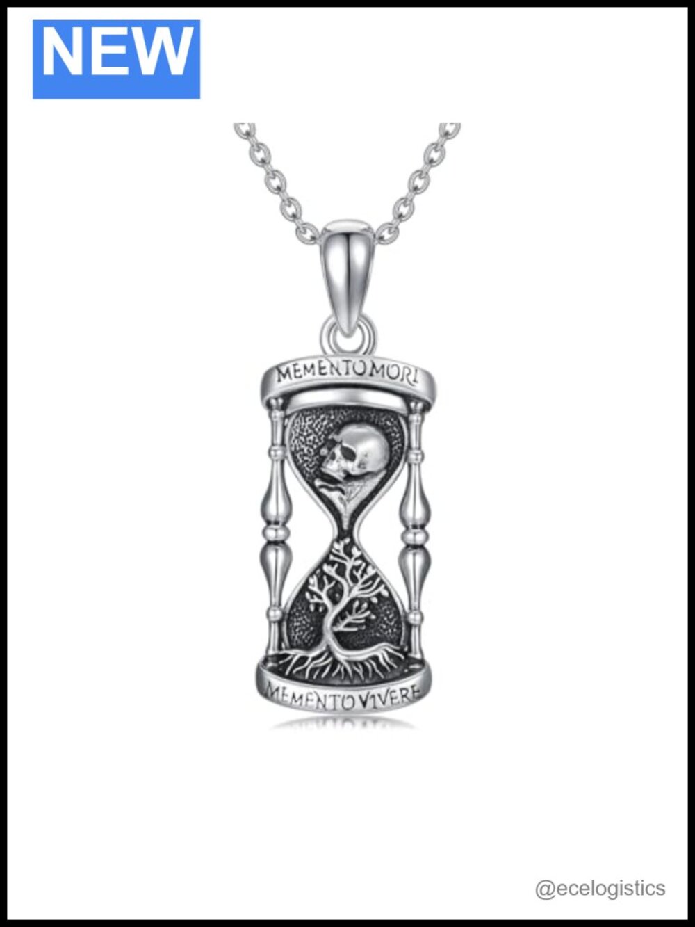 Sterling Silver Tree of Life Rose Hourglass Skull Necklace Memento Mori 18"